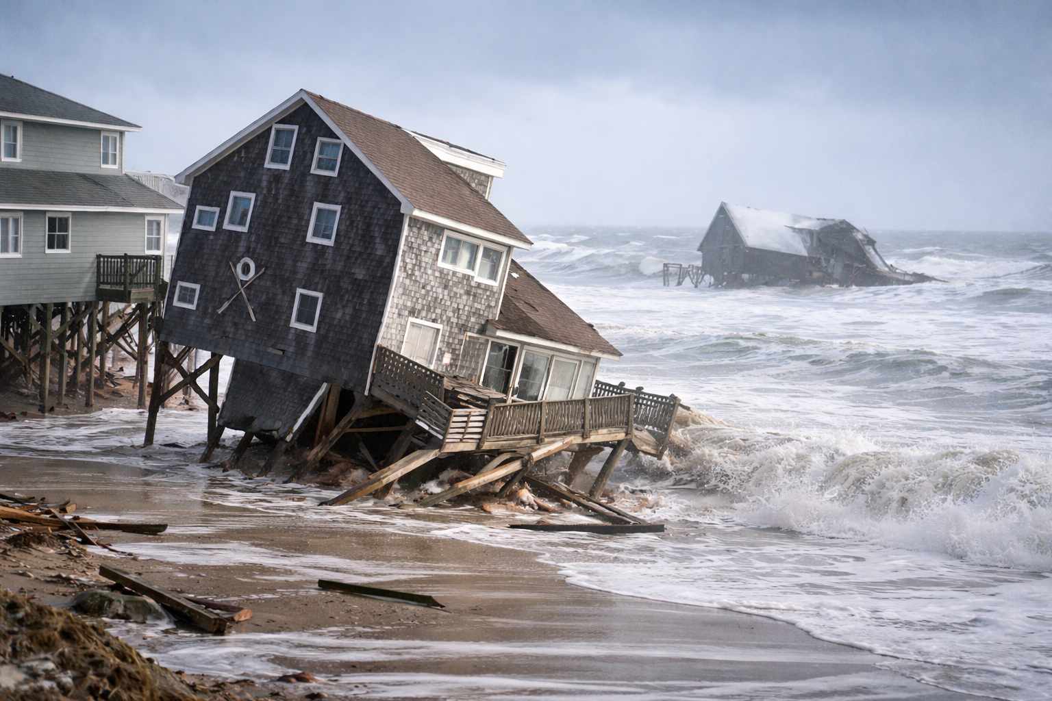 Casas frente al mar se desploman tras potente tormenta invernal en Carolina del Norte
