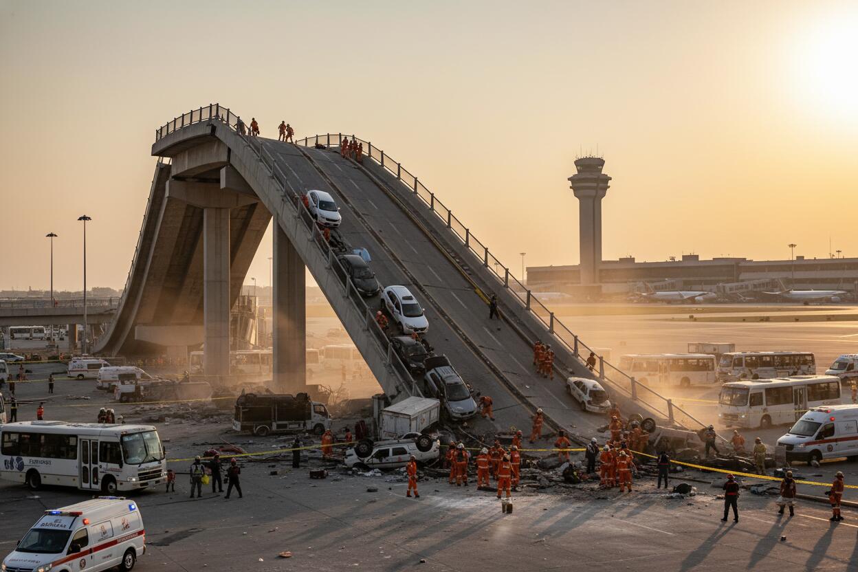 Estructura metálica colapsa en puente peatonal del AICM