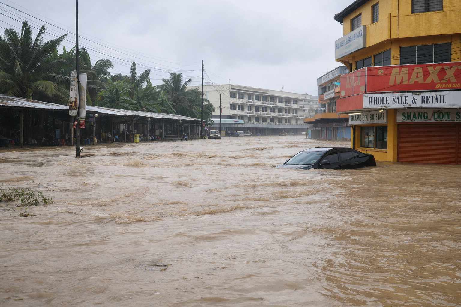 Fuertes inundaciones sorprenden a Lahad Datu, en Sabah, Malasia, tras intensas lluvias