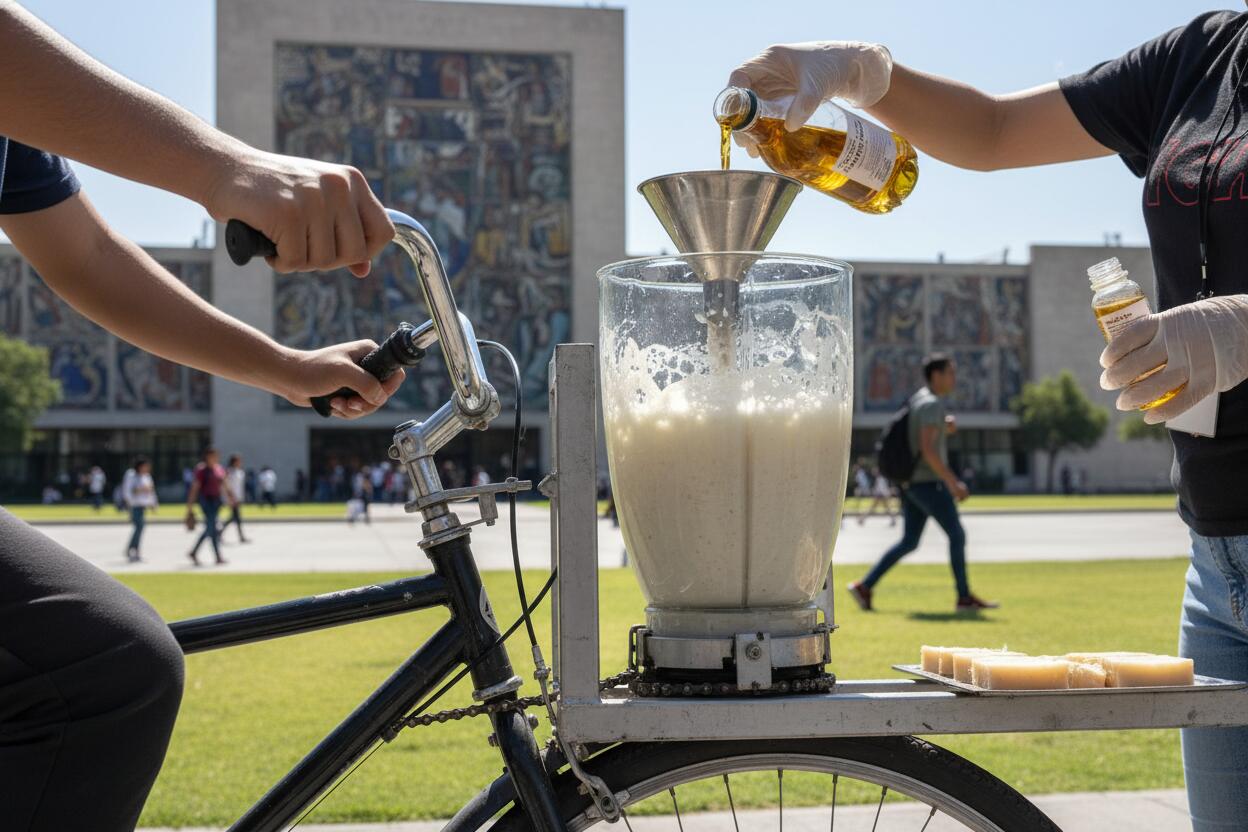 UNAM crea Salmy-espuma: bicicleta que transforma aceite usado en jabón
