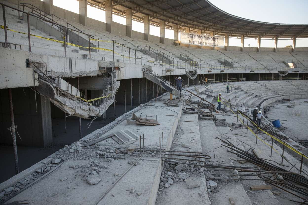 Desprendimiento de cemento en gradas del Estadio Banorte alarma a aficionados