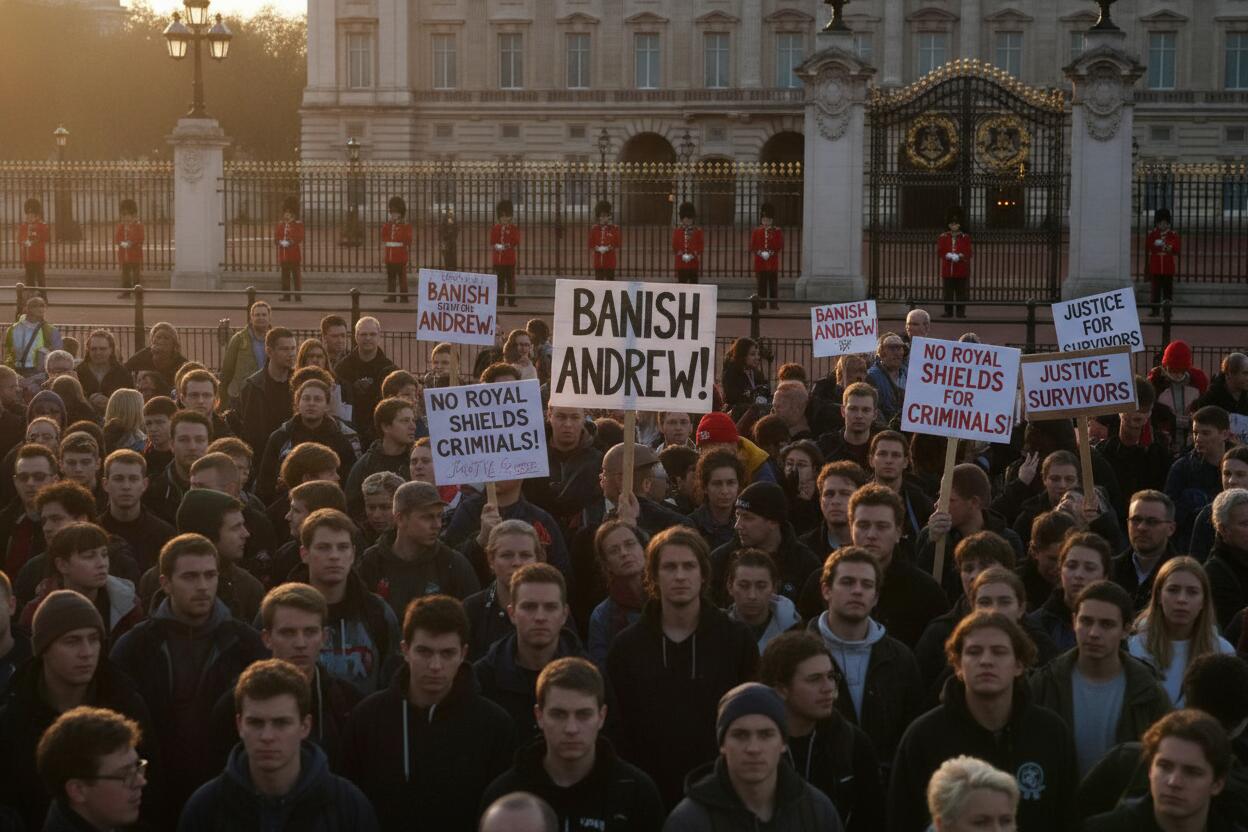 Protestas contra ex príncipe Andrew marcan celebración del Rey Carlos III frente al Palacio de Buckingham