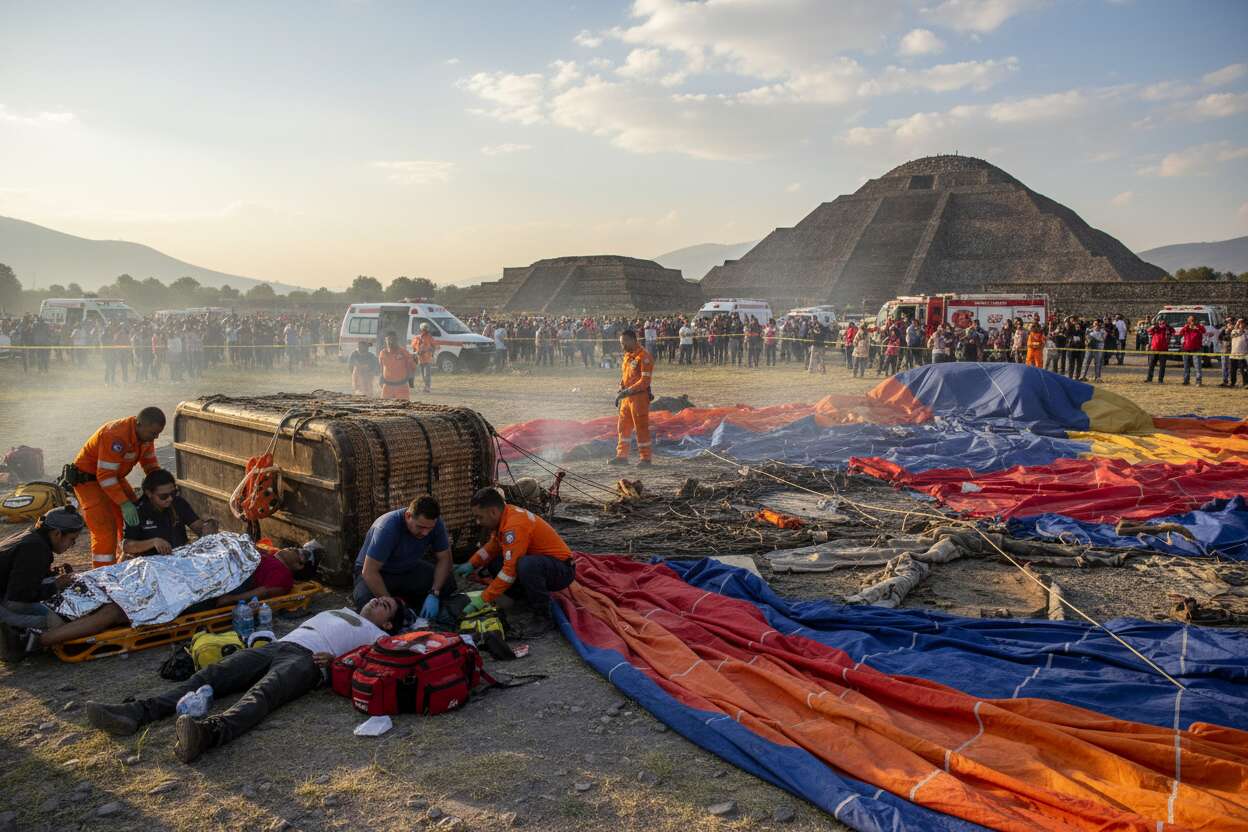 Globo aerostático se estrella en Teotihuacán, dejando dos lesionados de nacionalidad inglesa.