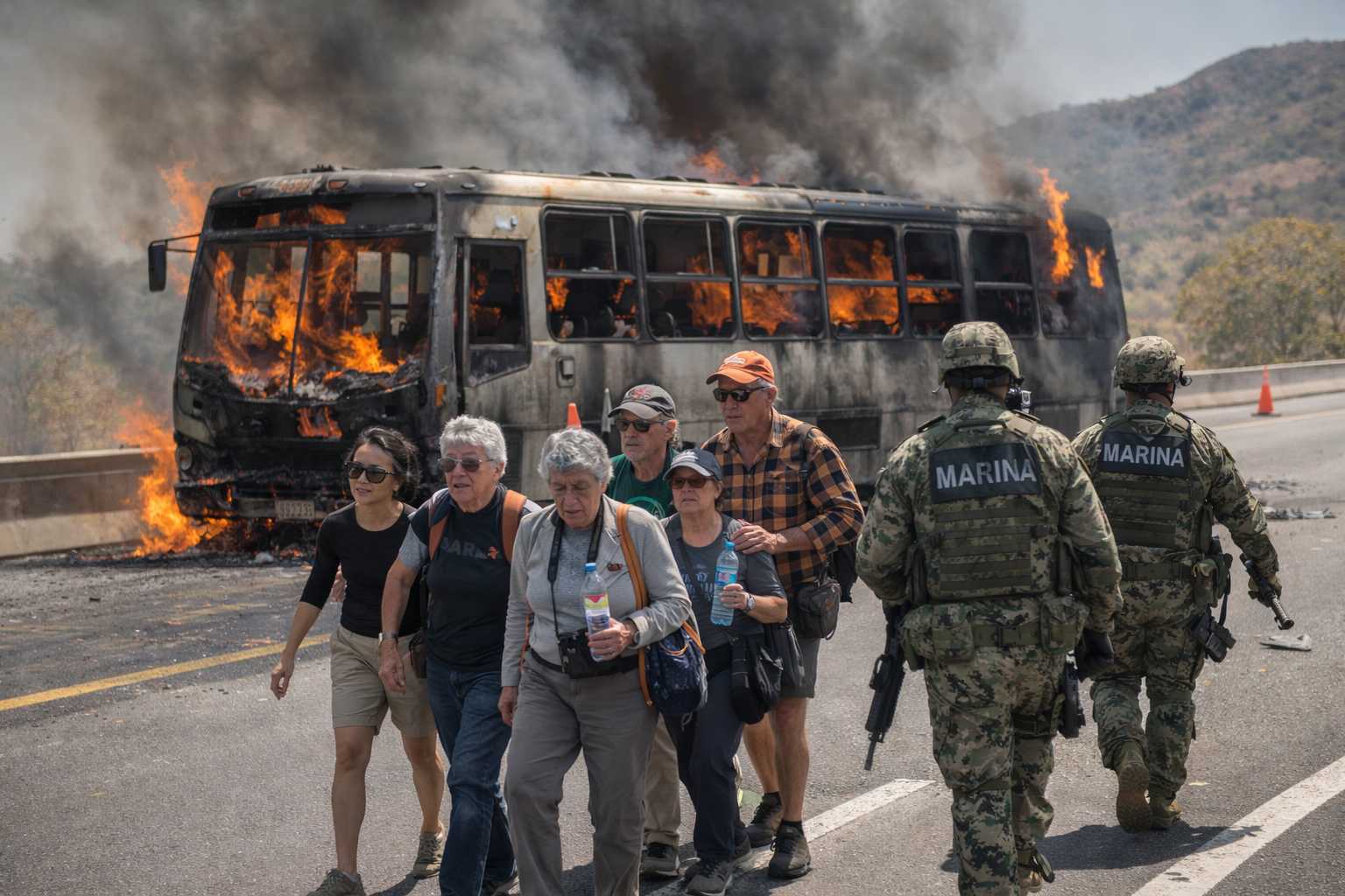 Incendian autobús con turistas extranjeros en Jalisco: Marina logra rescatarlos