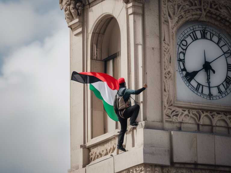 Hombre escala Big Ben con bandera palestina y exige fin al genocidio en Palestina.