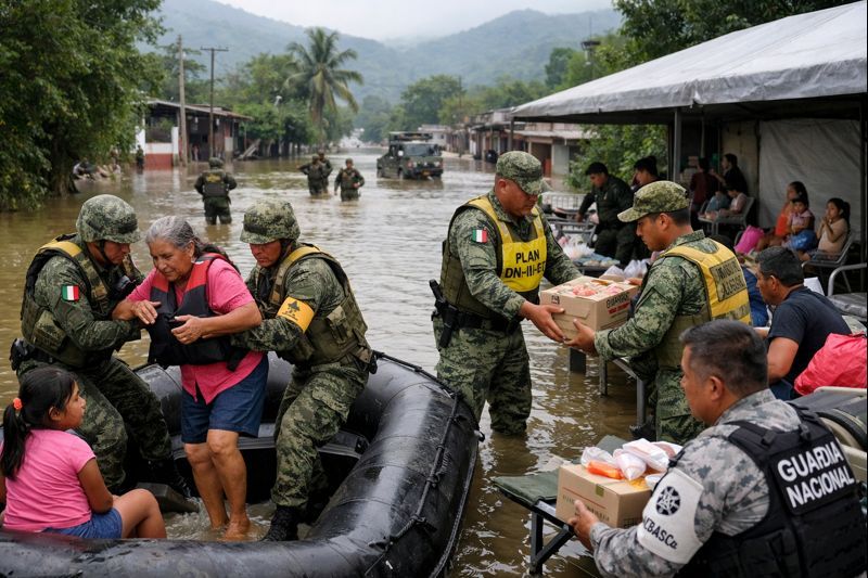 Guardia Nacional y Ejército auxilian a Teapa tras desbordamiento del río